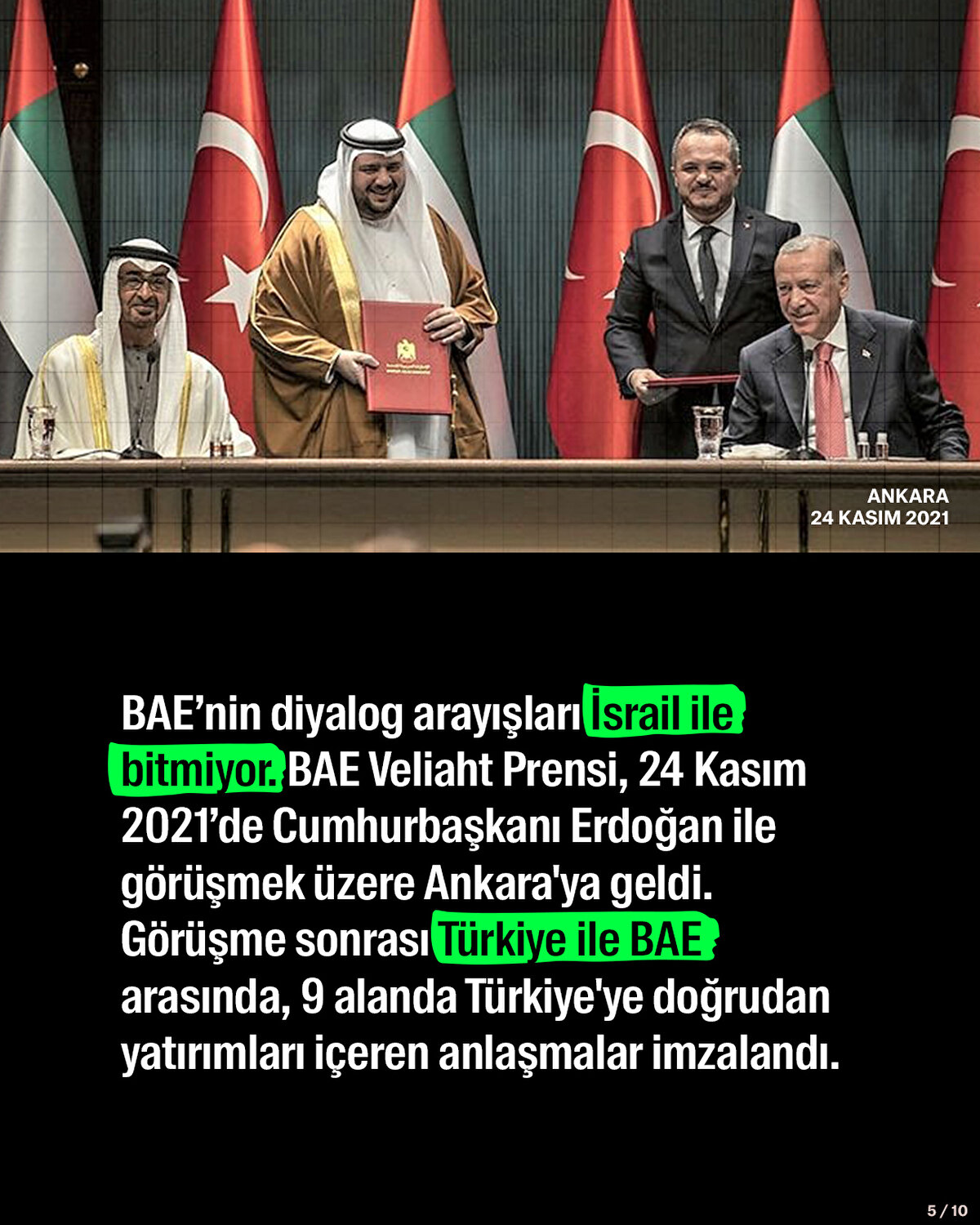 BAE’nin diyalog arayışları İsrail ile bitmiyor. BAE Veliaht Prensi, 24 Kasım 2021’de Cumhurbaşkanı Erdoğan ile görüşmek üzere Ankara'ya geldi. Görüşme sonrası Türkiye ile BAE arasında, 9 alanda Türkiye'ye doğrudan yatırımları içeren anlaşmalar imzalandı.