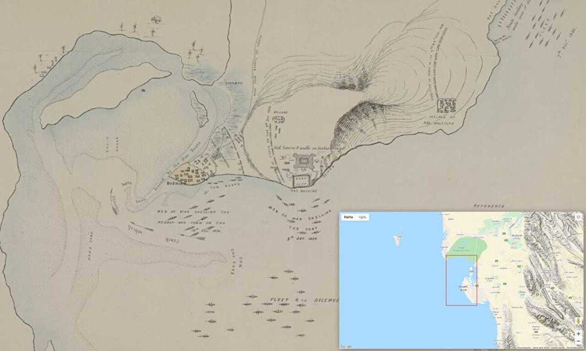 İran’ın Basra Körfezi kıyısında yer alan şehri olan Bûşehr, sahip olduğu stratejik mevkii sebebiyle Avrupalıların da dikkatini çeken bir yer olmuştu. 18. yüzyılın ilk yarısında burada bir ticaret merkezi açan Hollanda Doğu Hindistan Şirketi, varlığını 18. yüzyılın ikinci yarısının başına kadar devam ettirebilmişti. Kısa bir zaman sonra bölgenin hâkimi olan Şeyh Nasr Âl-i Mezkûr, İngiliz Doğu Hindistan Şirketi’ne bir yapı ve ticaret merkezi açma salahiyetini vermişti. Fakat burası daha 18. yüzyıl bitmeden İngiliz Kraliyet Donanması’nın bir üssü haline gelmiş, askerî öneminden başka ticârî bakımdan da çok ilerleme kaydetmişti. 19. yüzyılın ikinci yarısının başlarında Afganistan’ın İngiltere’yle olan İran karşısındaki ittifakı Rusya’nın da teşvikiyle İran tarafından Herat’ın ele geçirilmesiyle neticelenmiş ve bu da İngiltere ile İran arasında savaşa sebep olmuştu. İngiltere’nin zaferiyle neticelenen bu savaşta Bûşehr İngilizler tarafından işgal edilmişti. 1867 yılına ait olan Bûşehr Yarımadası çiziminde İngiliz filosunun 1856'daki mevkii, silahlı botlar ve filonun koruması altında asker çıkaran teknelerin durumu gösteriliyor.