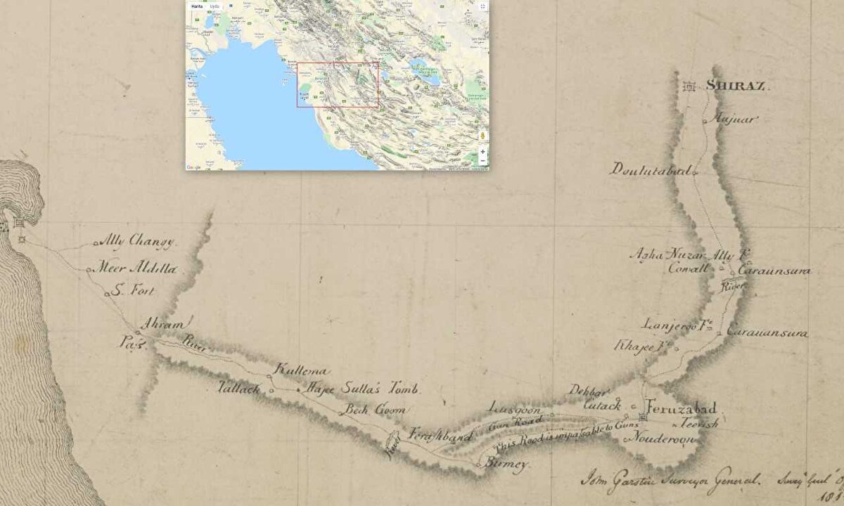 İngiliz ordusuna mensup Snodgrass isimli şahıs tarafından 1810 yılında çizilen; Bûşehr’den Fîrûzâbâd üzerinden Şîrâz’a uzanan güzergâhı gösteren seyahat rotası.