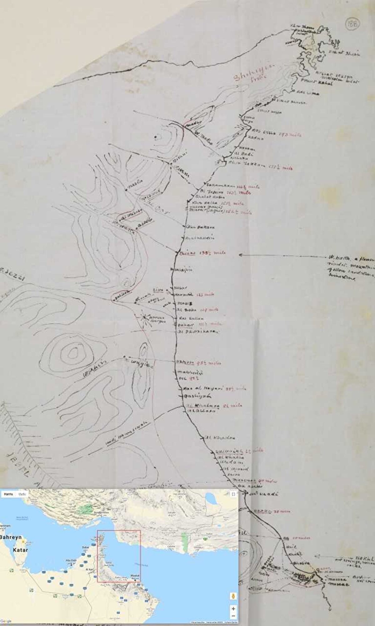 1925 yılına ait olan bu çizim, Umman Sultanlığı'nın başkenti Maskat’tan kuzeye doğru, günümüzde Birleşik Arap Emirlikleri sınırlarına giden kıyı boyunu resmediyor.