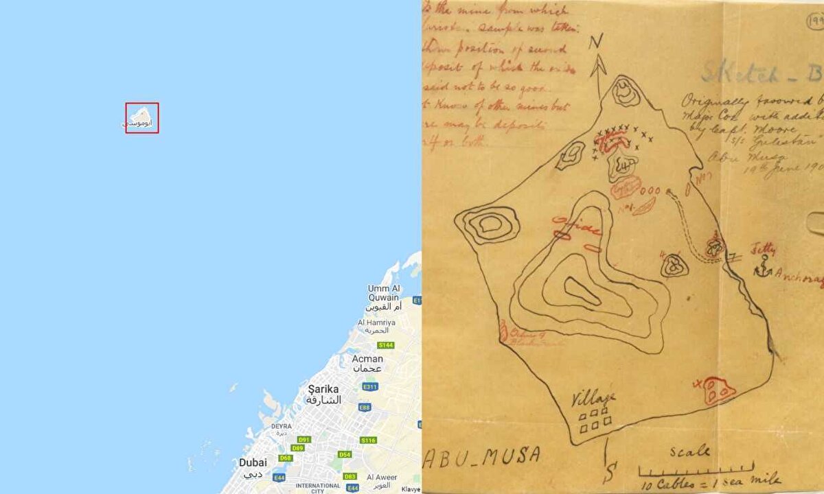 IORR151257’de Abu Musa Oxide Question (Ebû Mûsâ Oksit Meselesi) başlığıyla kayıtlı dosya içerisinde yer alan bu çizim, adada bulunan kırmızı oksit ile alakalı yazışmalar arasında yer alıyor. Çeşitli endüstri sahalarında kullanılabilen bir maden olan kırmızı oksit, bu bakımdan İngilizlerin dikkatini çekmişti. 1908 yılından itibaren bölgedeki başka adalar gibi Ebû Mûsâ adasına da hakim olan İngiltere, kısa zamanda buradaki madenlerin üzerine eğilmişti. Öyle ki konuya verilen önem İngiliz Dışişleri Bakanlığı'nın meseleyle alakadar olmasına kadar varmıştı. Madencilik operasyonlarının başlatılmasıyla alakalı tahmini bir maliyet raporu da içeren dosya, 1909 yılına ait olan bu çizimi de barındırıyordu. Çizim, sol üst köşedeki açıklamalarıyla oksit demir sahaları ve madenlerini gösteriyor.