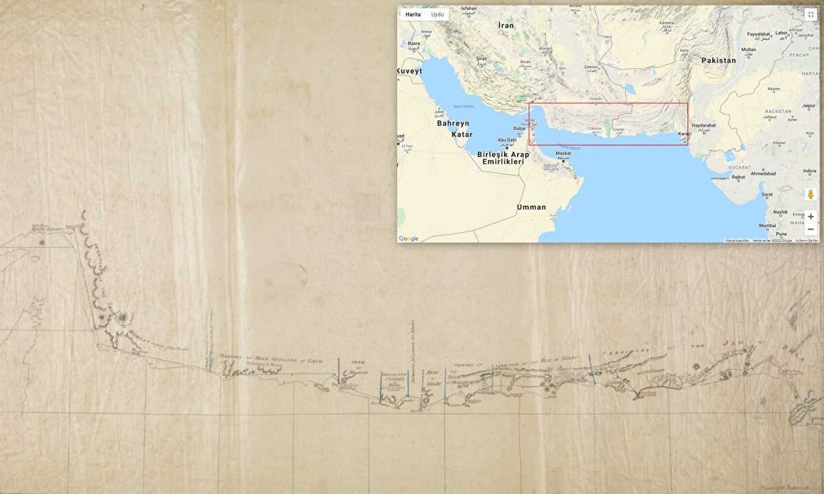 Bugün İran sınırları içerisinde yer alan Bender Abbas’tan Pakistan sınırları içerisinde bulunan Karaçi’ye uzanan kıyı boyunca, yaklaşık 1500 km. uzunluğundaki telgraf istasyon hatlarını gösteren çizim. Görselin, hattın açıldığı 1864 yılına ait olduğu düşünülüyor.