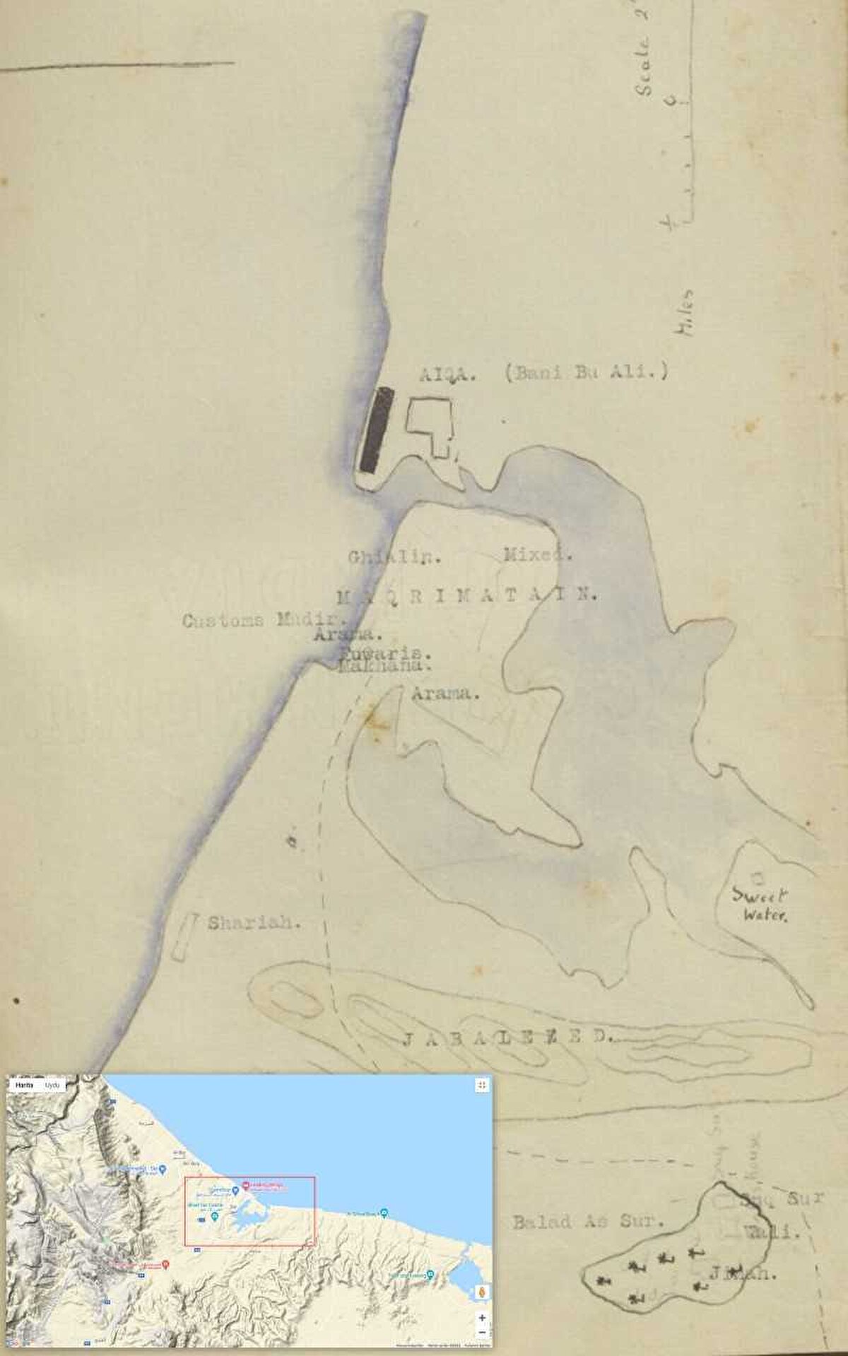 Umman sınırları içerisinde yer alan Sûr, eski dünyanın önemli şehirlerinden biri olmuş, özellikle Süveyş Kanalı açılana kadar da ticârî bir merkez olarak değerini korumuştu. İngilizlerin dikkatini çeken Sûr, öyle anlaşılıyor ki bu önemini Süveyş’in ardından da kaybetmemişti. British Library IORR15665’de kayıtlı olan ve 1928 yılında oluşturulmuş olan bir rapor bunu net bir şekilde gösteriyordu. Gerald Patrick Murphy isimli, İngiltere’nin bölgedeki yetkilisi olduğu anlaşılan biri tarafından kaleme alınan rapor 1800’lü yılların başlarından 1920’lerin sonuna kadar Sûr ile alakalı meseleleri ele alıyordu. Sûr’un coğrâfî durumu, bölgede bulunan kabilelerin tarihi, buradaki köle ticareti ve yaşanan son gelişmeler, Sûr’un buradaki bir çizimiyle resmedilmişti.