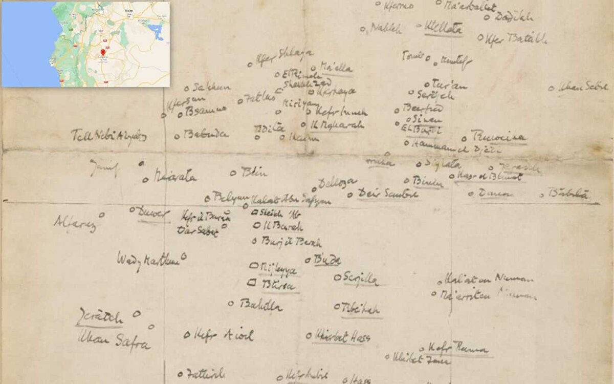 Orijinalinin British Library, Western Manuscripts içerisinde yer aldığı bu çizim tanıdık bir isim tarafından hazırlanmıştı: Gertrude Bell.. Ma'arretü'n-Nu'mân’ın haritasını çıkartan Bell’in, bunu yaptığı tarih de 1905 yılı olmuştu. Son derece kısa olan bu kayıt aynı zamanda David George Hogarth’ın da kimi yazılarını içeriyordu. Bilindiği gibi Bell, yakın arkadaşının ağabeyi olan Hogarth’la tanışmış, birlikte arkeolojik faaliyetlerde bulunmuşlardı. Tarihe bakılırsa muhtemelen bu da o yapılan projelerden biri olmuştu. Bell’in Hogarth ile olan mesaisi arkeoloji sahasında kalmamış, I. Dünya Savaşı’nın çıkmasının ardından bölgeyi yakînen bilen bir arkeolog olarak orduya alınan Hogarth, Bell’in de burada vazife alması noktasında gayretlerde bulunmuştu.