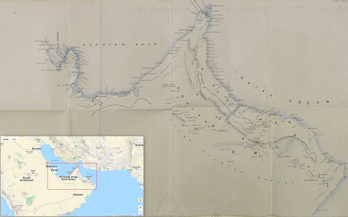 Bugün Suudi Arabistan sınırları içerisinde yer alan el-Katîf’ten, Ummân sınırları içerisindeki Ra’su’l-had’e kadar uzanan coğrafyanın el çizimi haritası. Oldukça dakîk bir sûrette çizilen harita, 1860 yılı gibi erken bir tarihte meydana getirilmişti.