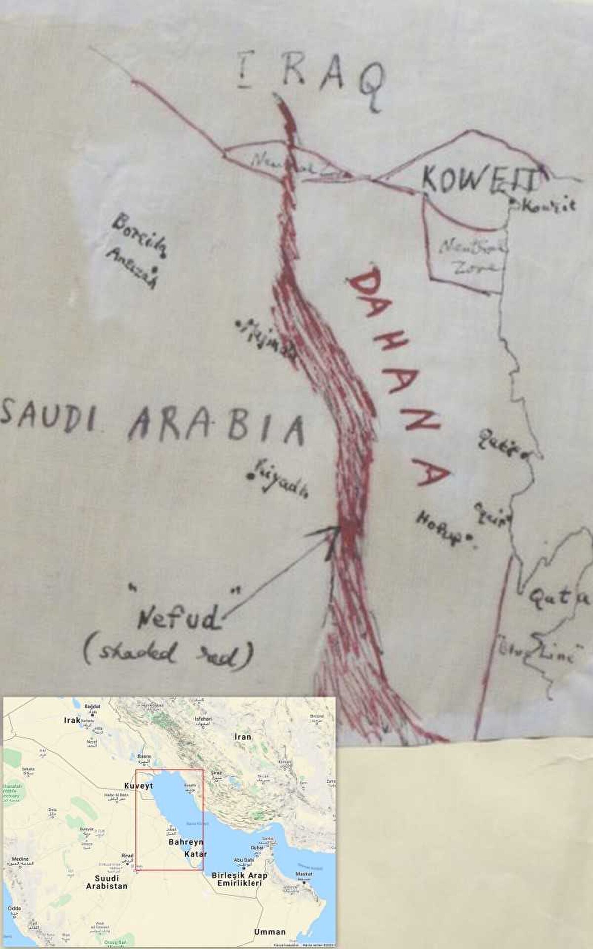 Suudi Arabistan hükümeti ile California Standard Oil Company arasında 1933'te imzalanan, petrol imtiyazının kapsadığı alanı gösteren siyah ve kırmızı mürekkeple çizilmiş harita. 