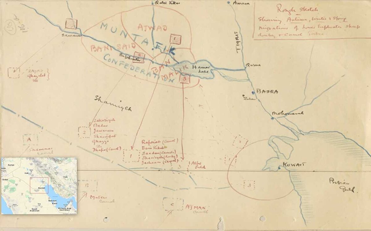 Aşağı Fırat kabilelerinin Kuveyt çevresinde ve Irak-Necd sınırı boyunca mevsimlik göçlerini gösteren 1929 yılına ait harita.