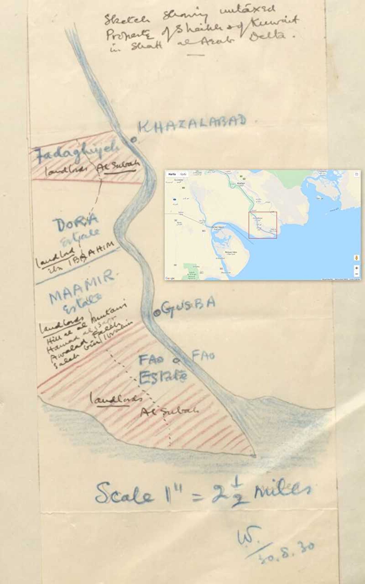Fırat ve Dicle nehirlerinin denizle buluşmadan önce birleştikleri yer olan Şattu’l-Arab deltasının 1930 yılında yapılan bir çizimi.