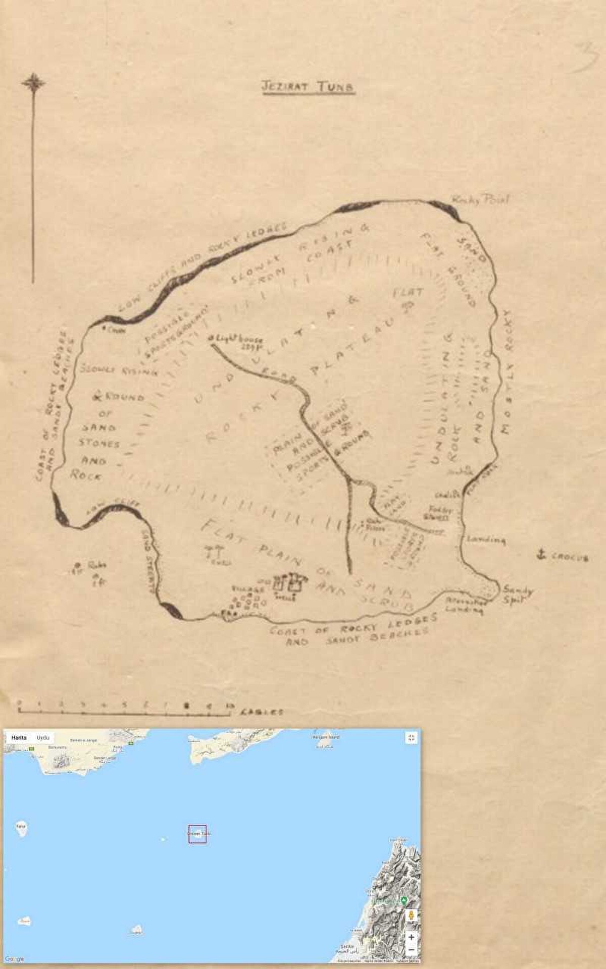 Basra Körfezi'nin doğusundaki Tonb Adası'nın 1928 yılına ait bu çizimi, adanın deniz üssü olarak kullanıma uygunluğunu belirlemek için hazırlanan bir rapor içerisinde yer almıştı.