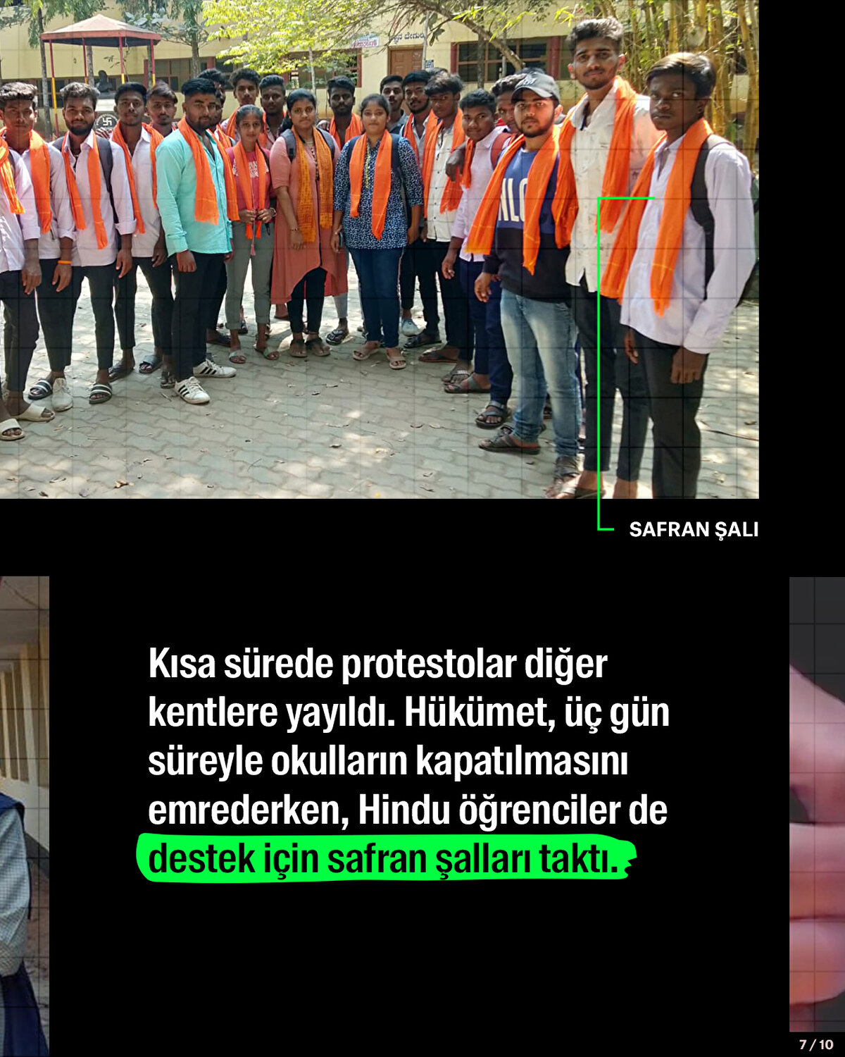 Kısa s&#252;rede protestolar diğer kentlere de yayıldı. H&#252;k&#252;met, &#252;&#231; g&#252;n s&#252;reyle okulların kapatılmasını emrederken, Hindu &#246;ğrenciler de destek i&#231;in safran şalları taktı.