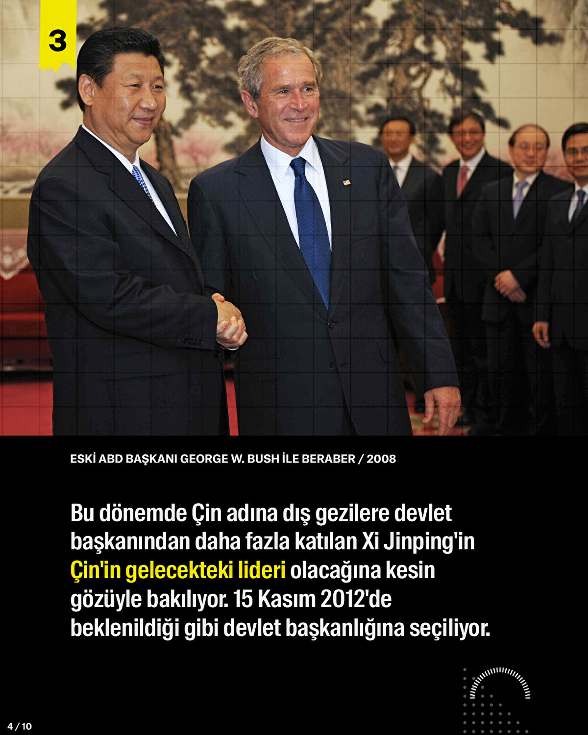 Bu dönemde Çin adına dış gezilere devlet başkanından daha fazla katılan Xi Jinping'in Çin'in gelecekteki lideri olacağına kesin gözüyle bakılıyor. 15 Kasım 2012'de beklenildiği gibi devlet başkanlığına seçiliyor.<br>