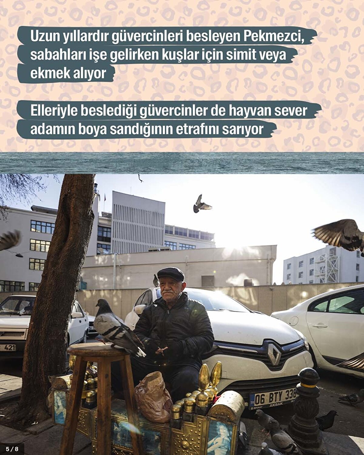 Uzun yıllardır güvercinleri besleyen Pekmezci, sabahları işe gelirken kuşlar için simit veya ekmek alıyor.