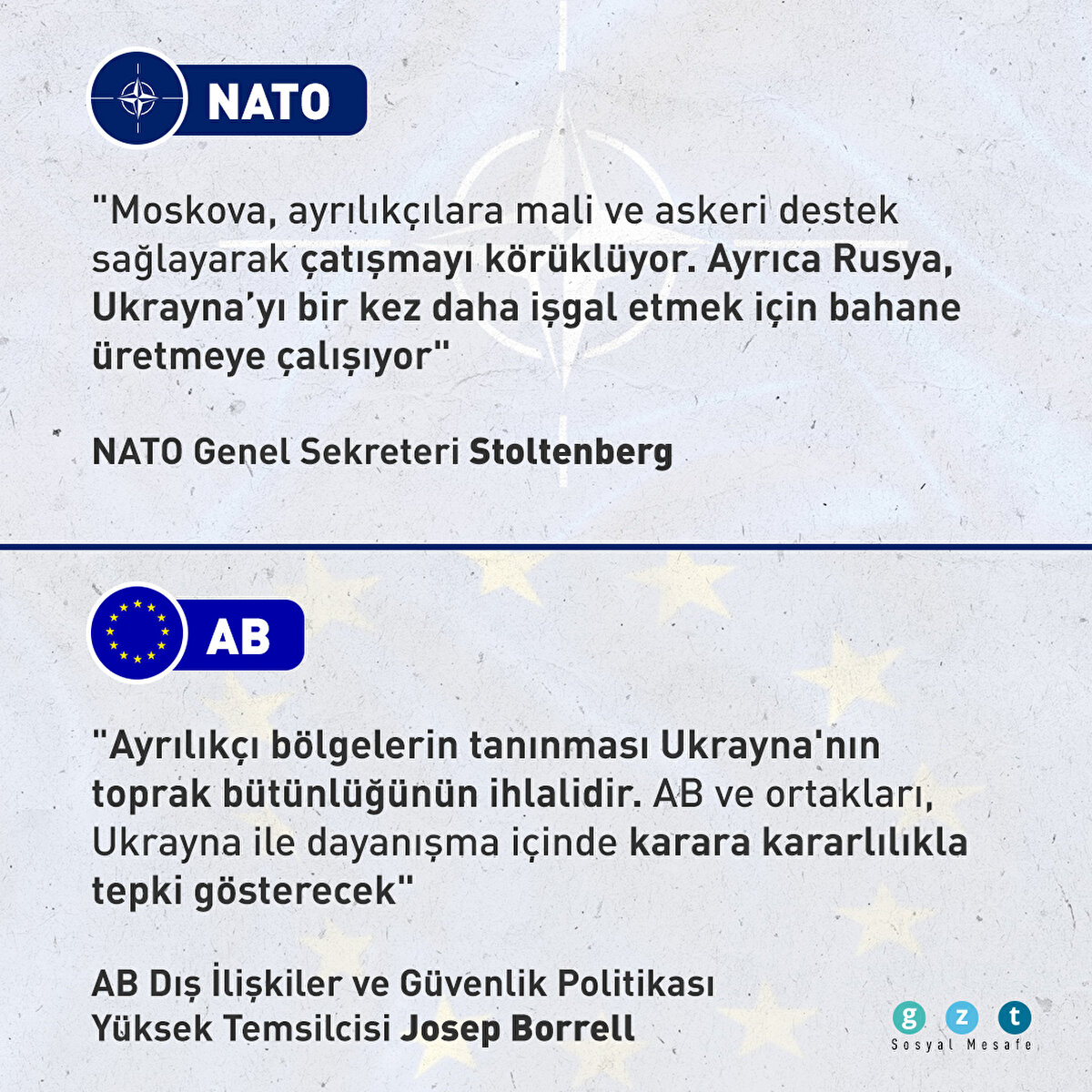 NATO: "Moskova, ayrılıkçılara mali ve askeri destek sağlayarak çatışmayı körüklüyor. Ayrıca Rusya, Ukrayna’yı bir kez daha işgal etmek için bahane üretmeye çalışıyor"
