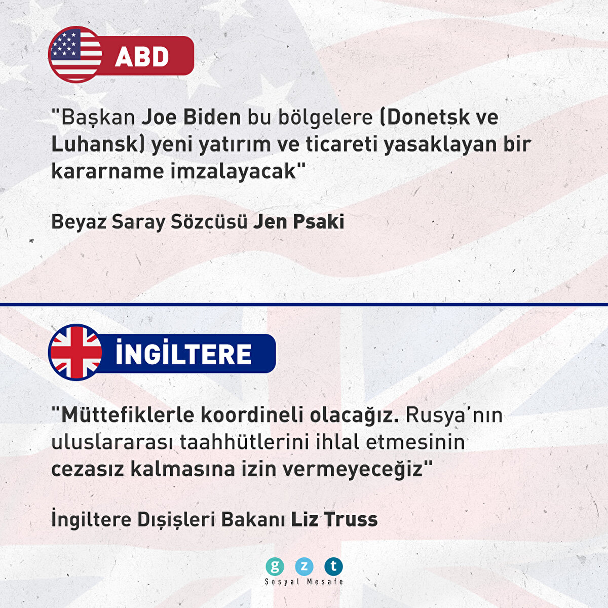 ABD: "Başkan Joe Biden bu bölgelere (Donetsk ve Luhansk) yeni yatırım ve ticareti yasaklayan bir kararname imzalayacak"