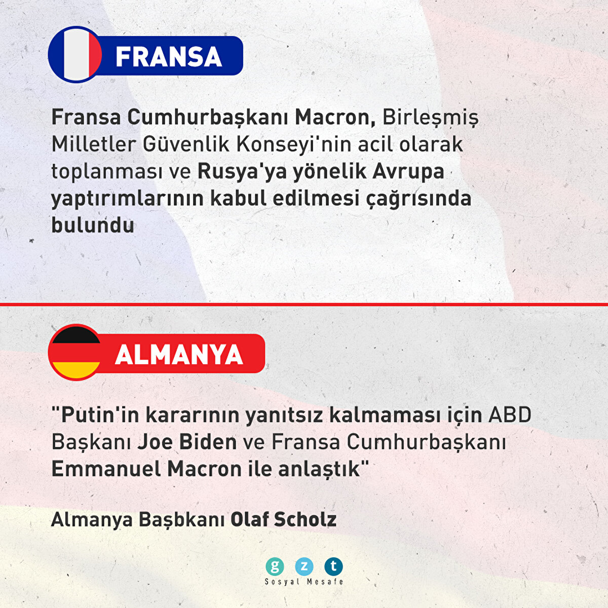 Fransa Cumhurbaşkanı Macron, Birleşmiş Milletler Güvenlik Konseyi'nin acil olarak toplanması ve Rusya'ya yönelik Avrupa yaptırımlarının kabul edilmesi çağrısında bulundu