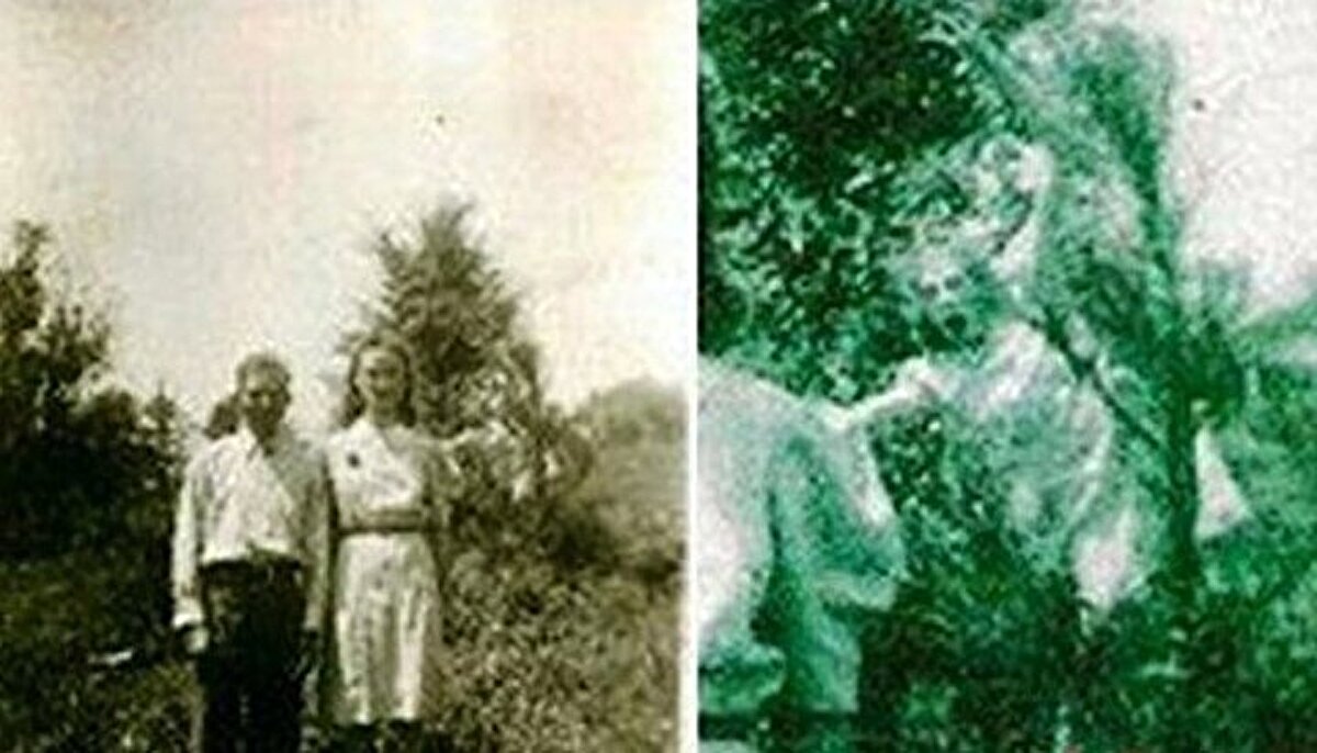 Paranormal.about.com sitesine göre bu fotoğraf 1942'te Alabama'nın Jasper kentinde çekilmiş. Yeni evli çiftin arkasındaki ağaçta korkutucu bir kadın figürü yer alıyor.<br>