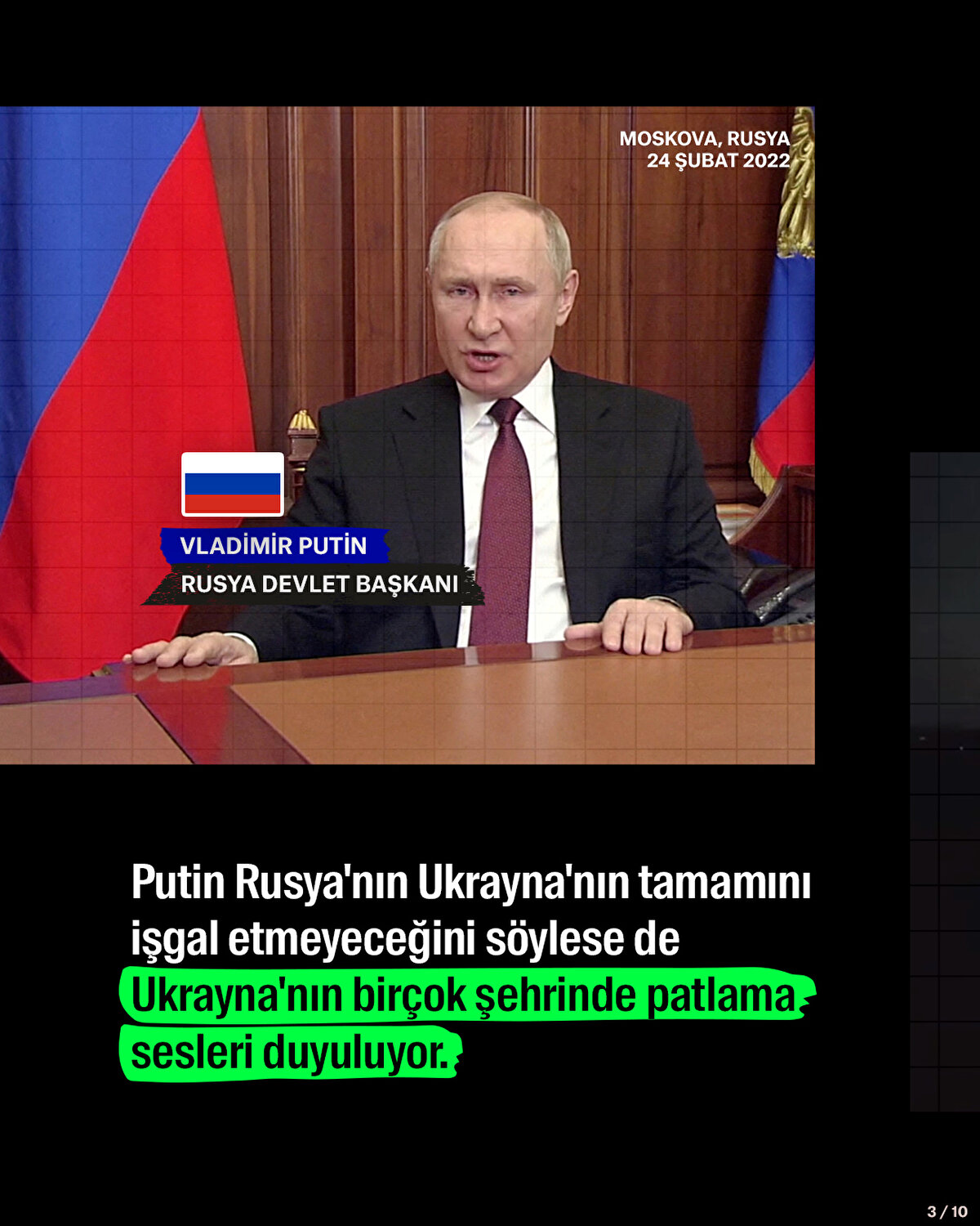 Putin Rusya'nın Ukrayna'nın tamamını işgal etmeyeceğini söylese de Ukrayna'nın birçok şehrinde patlama sesleri duyuluyor.