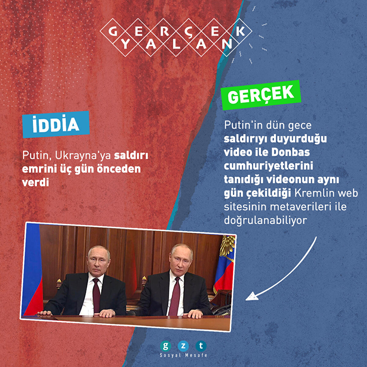 Putin'in dün gece saldırıyı duyurduğu video ile Donbas cumhuriyetlerini tanıdığı videonun aynı gün çekildiği Kremlin web sitesinin metaverileri ile doğrulanabiliyor