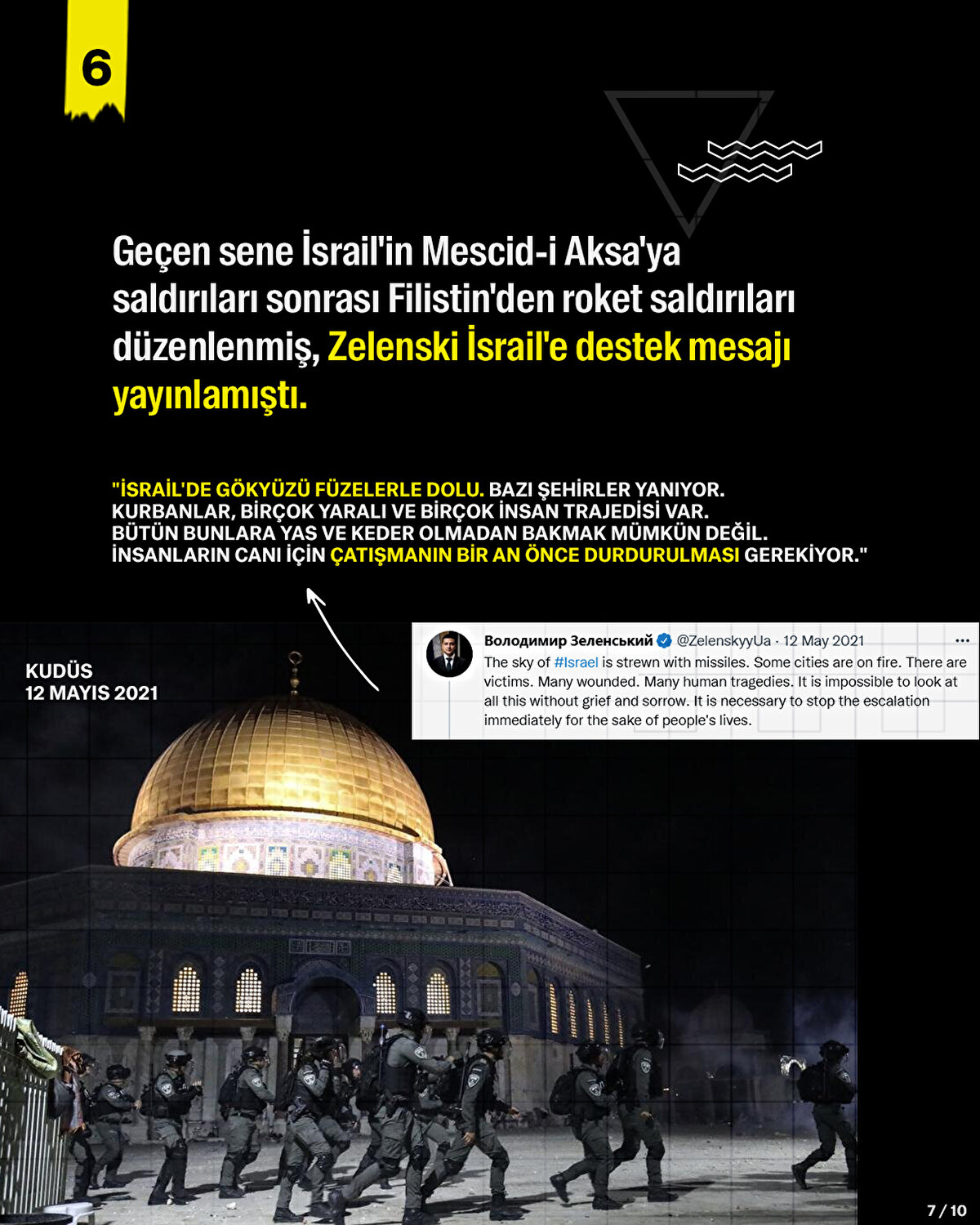 Geçen sene İsrail'in Mescid-i Aksa'ya saldırıları sonrası Filistin'den roket saldırıları düzenlenmiş, Zelenski İsrail'e destek mesajı yayınlamıştı.