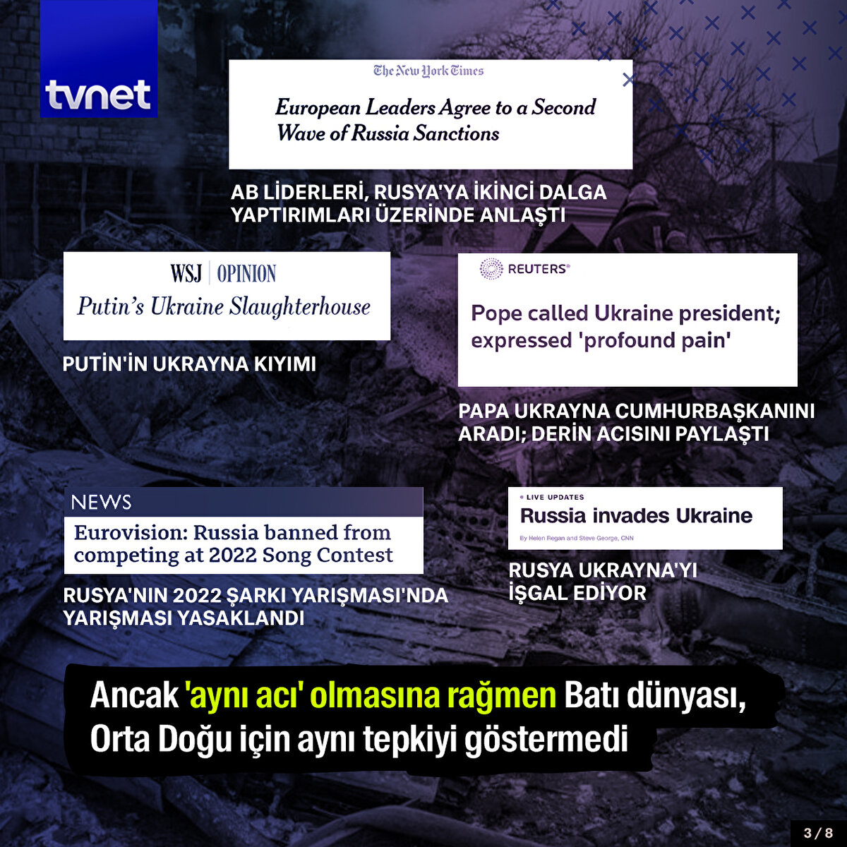 Ancak 'aynı acı' olmasına rağmen Batı dünyası, Orta Doğu için aynı tepkiyi göstermedi