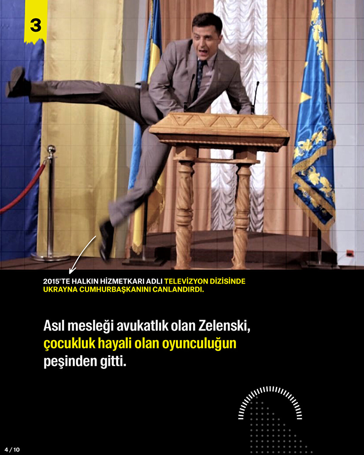 Asıl mesleği avukatlık olan Zelenski, çocukluk hayali olan oyunculuğun peşinden gitti. 