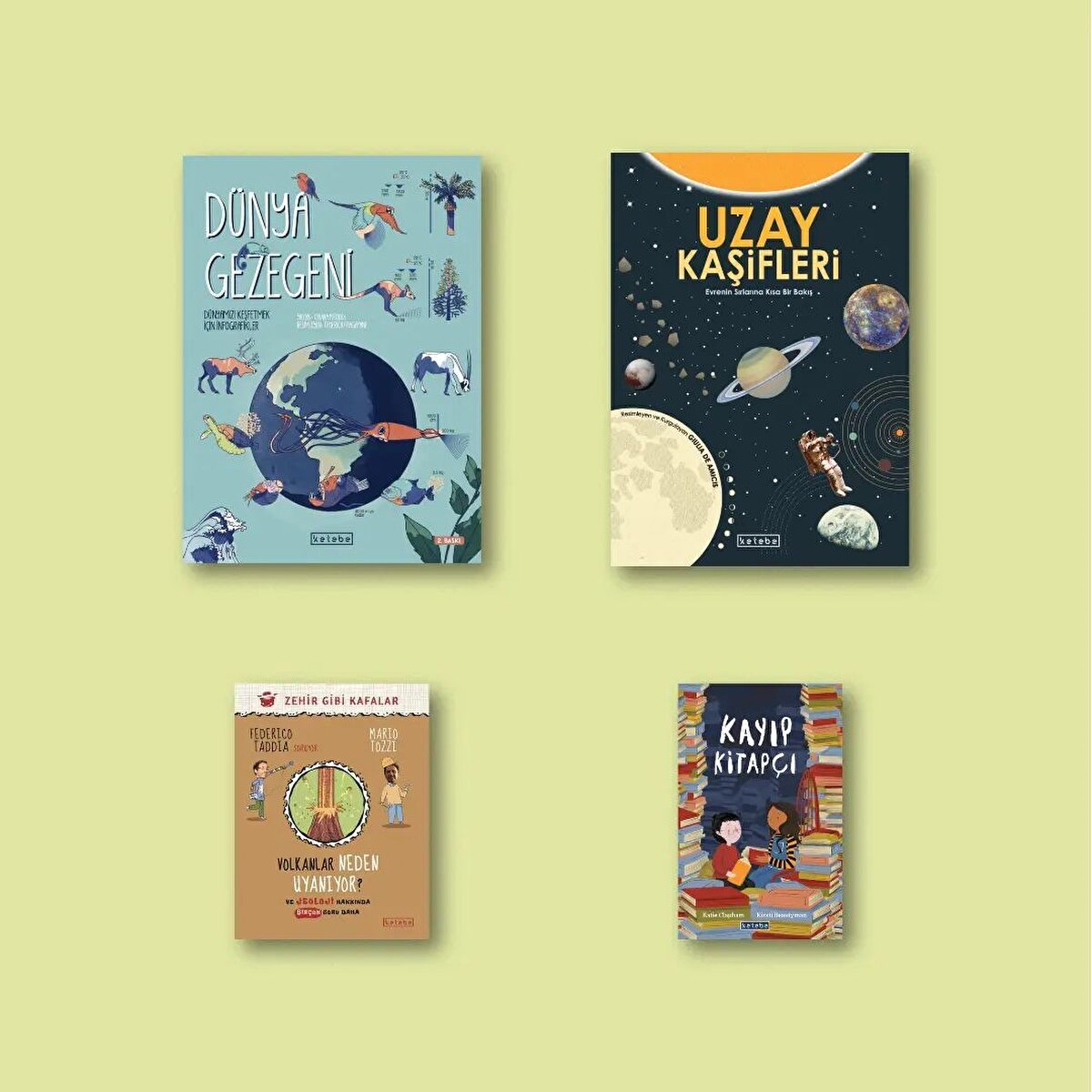 📌Dünya Gezegeni: Dünya’yı keşfetmek artık hem kolay hem de çok eğlenceli. 🌍📌 Uzay Kaşifleri: Evrenin en karmaşık gizemleri, olabildiğince az sözcük ve her şeyi anlamayı kolay ve eğlenceli kılan bolca grafik ve renkli çizimle özetlenmiş olacak. Yaslan ve yolcuğun tadını çıkar 🌏📌 Volkanlar Neden Uyanıyor?: Karalar oldukları yerde durur mu? Bazı taşlar neden değerlidir?📌Kayıp Kitapçı: Melda, çok sevdiği kitapçının kapalı olduğunu fark etti. Mine Hanım nerede? Peki ya kitapçı artık açılmayacak mı? 📚