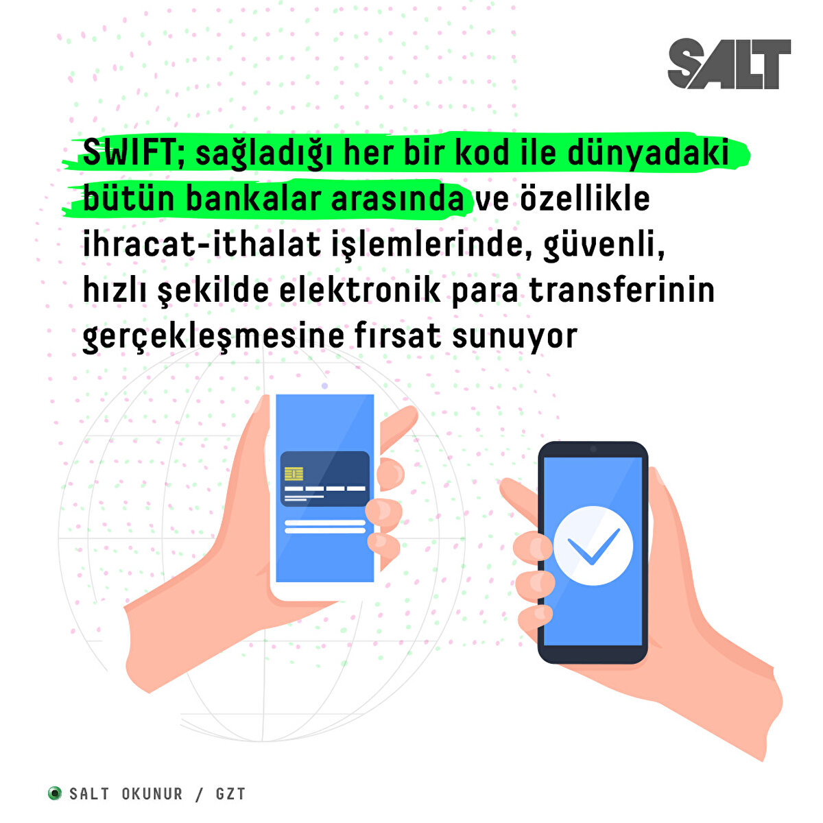 SWIFT; sağladığı her bir kod ile, dünyadaki bütün bankalar arasında ve özellikle ihracat-ithalat işlemlerinde, güvenli, hızlı şekilde elektronik para transferinin gerçekleşmesine fırsat sunuyor
