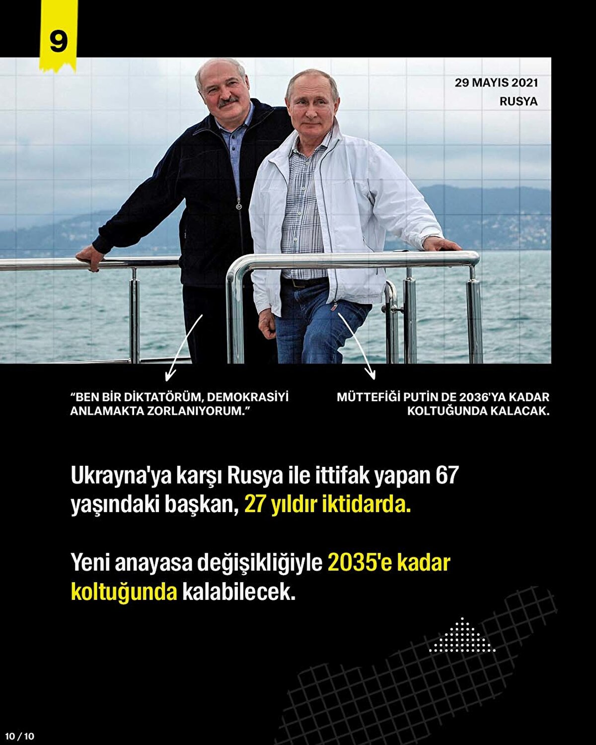 Ukrayna'ya karşı Rusya ile ittifak yapan 67 yaşındaki başkan, 27 yıldır iktidarda.<br><br>Yeni anayasa değişikliğiyle 2035'e kadar koltuğunda kalabilecek.
