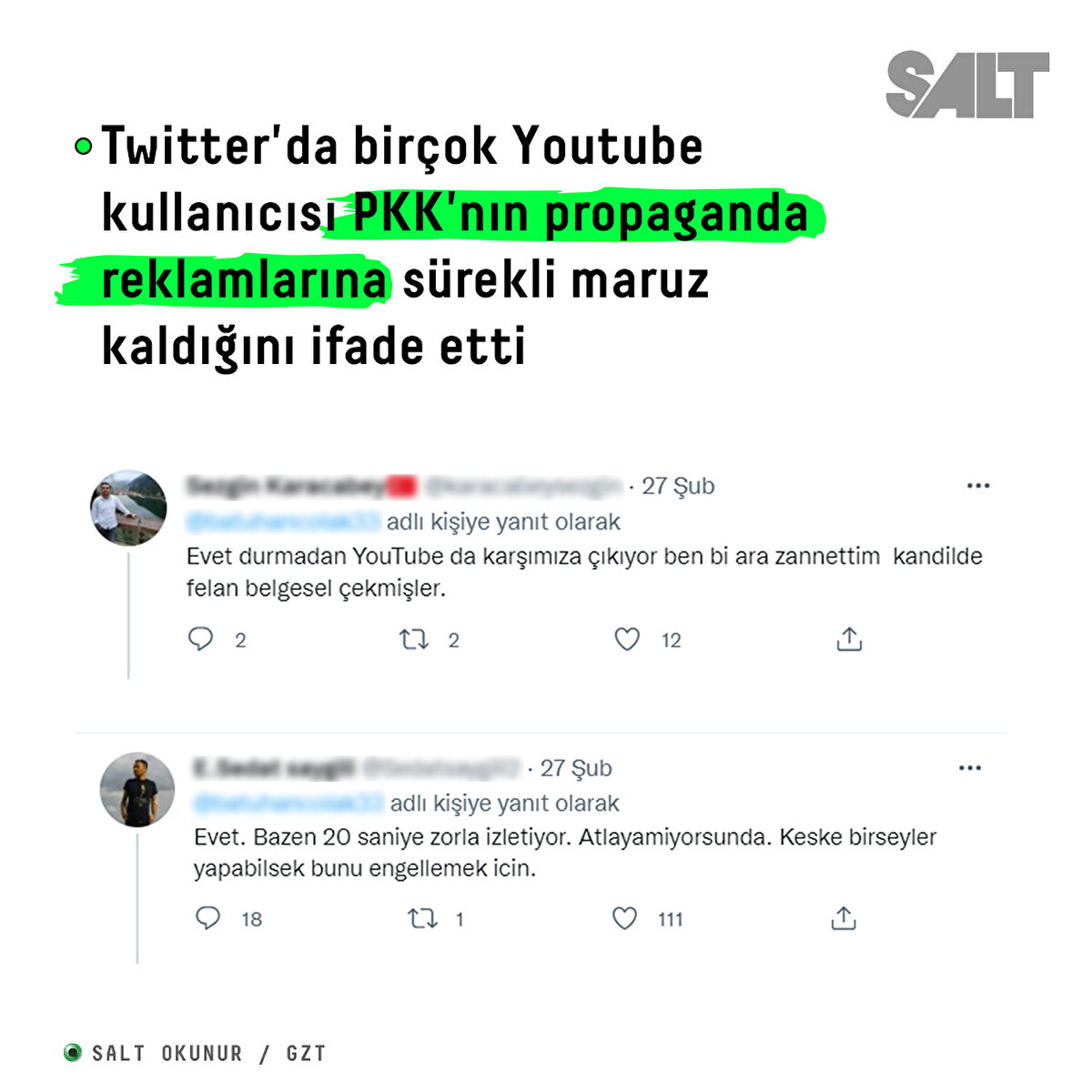 Twitter'da birçok Youtube kullanıcısı PKK'nın propaganda reklamlarına sürekli maruz kaldığını ifade etti