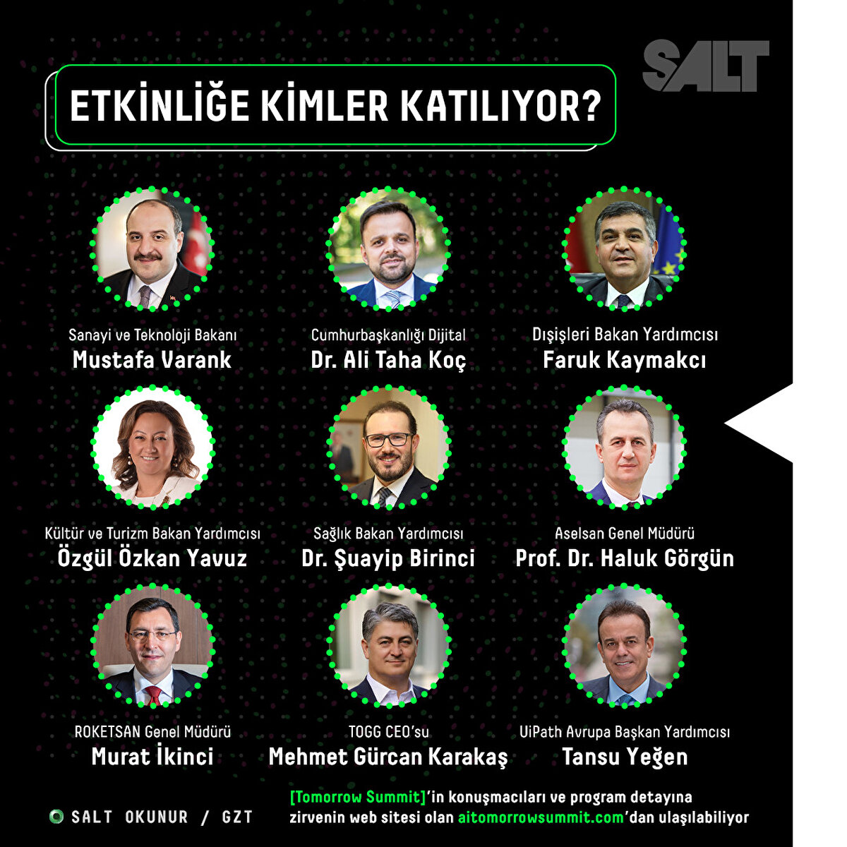 Etkinliğe kimler katılıyor?
Sanayi ve Teknoloji Bakanı Mustafa Varank
Cumhurbaşkanlığı Dijital Dönüşüm Ofisi Başkanı Dr. Ali Taha Koç
Dışişleri Bakan Yardımcısı ve Avrupa Birliği(AB) Başkanı Büyükelçi Faruk Kaymakcı
Kültür ve Turizm Bakan Yardımcısı Özgül Özkan Yavuz
Sağlık Bakan Yardımcısı Dr. Şuayip Birinci
Aselsan Genel Müdürü Prof. Dr. Haluk Görgün
ROKETSAN Genel Müdürü Murat İkinci
TOGG CEO’su Mehmet Gürcan Karakaş
UiPath Avrupa Başkan Yardımcısı Tansu Yeğen
CerebrumTech Yönetim Kurulu Başkanı Dr. R. Erdem Erkul
GZT Yayın Yönetmeni Doğukan Gezer
**[Tomorrow Summit]’in konuşmacıları ve program detayına zirvenin web sitesi olan aitomorrowsummit.com’dan ulaşılabiliyor