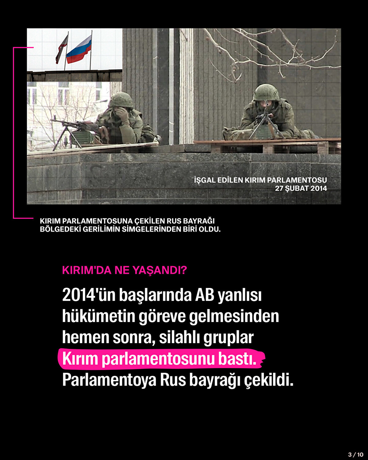 KIRIM'DA NE YAŞANDI?<br><br>2014'ün başlarında AB yanlısı hükümetin göreve gelmesinden hemen sonra, silahlı gruplar Kırım parlamentosunu bastı. Parlamentoya Rus bayrağı çekildi.