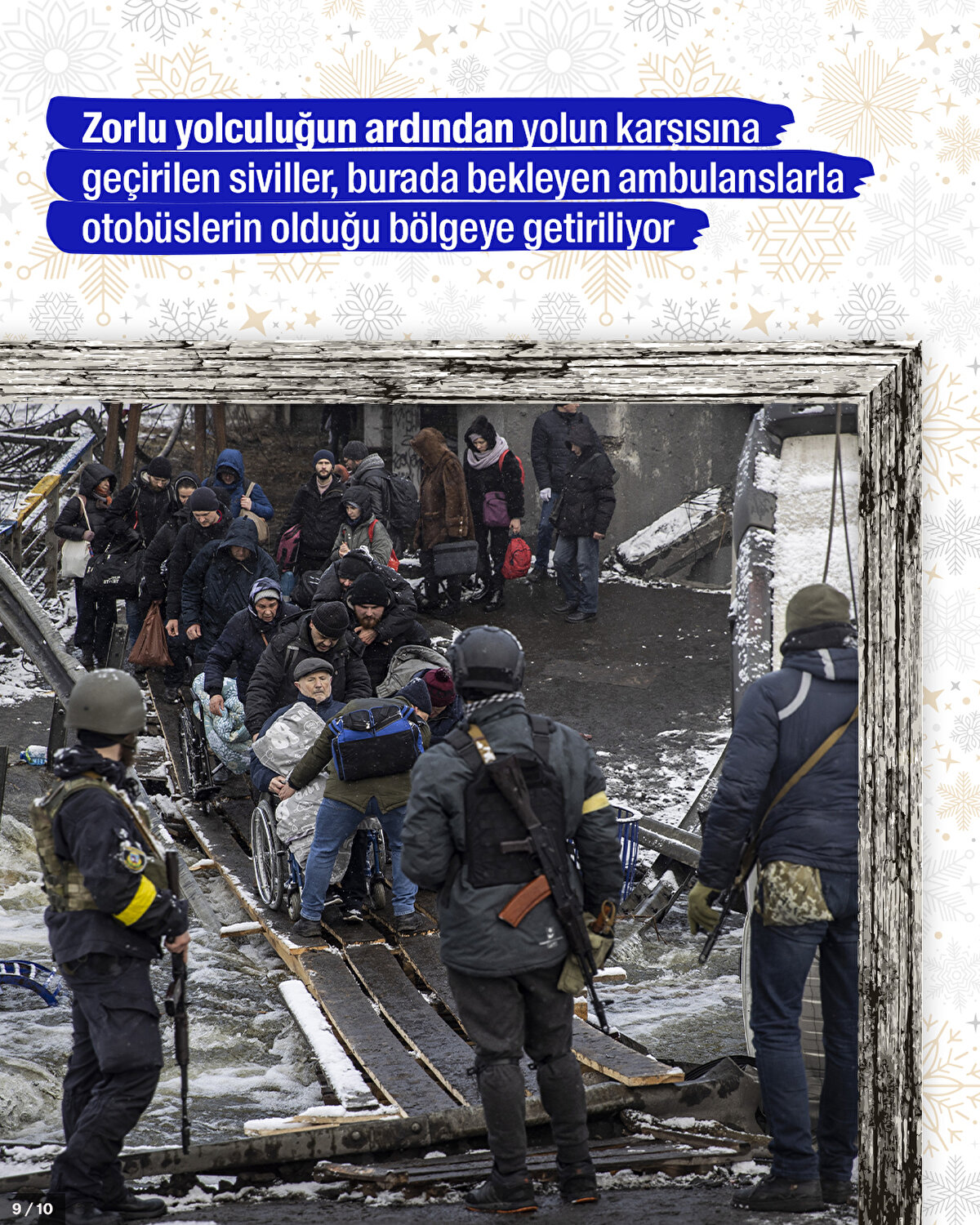 Zorlu yolculuğun ardından yolun karşısına geçirilen siviller, burada bekleyen ambulanslarla otobüslerin olduğu bölgeye getiriliyor.