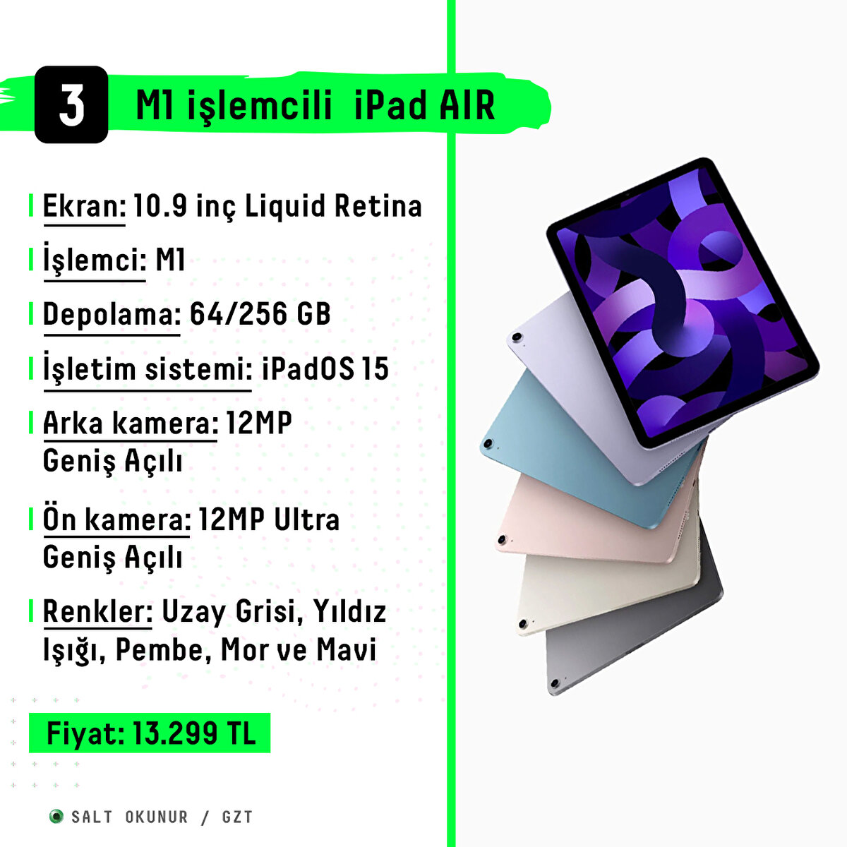Ekran: 10.9 inç Liquid Retina<br>İşlemci: M1<br>Depolama: 64256 GB<br>İşletim sistemi: iPadOS 15<br>Arka kamera: 12MP Geniş Açılı<br>Ön kamera: 12MP Ultra Geniş Açılı<br>Renkler: Uzay Grisi, Yıldız Işığı, Pembe, Mor ve Mavi<br>Fiyat: 13.299 TL