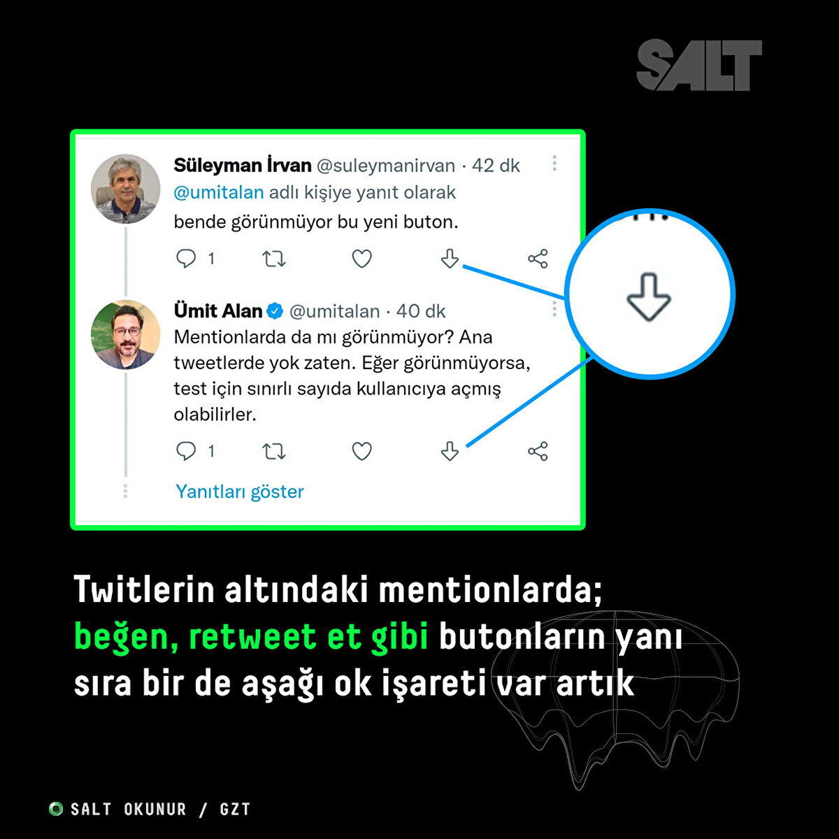 Twitlerin altındaki mentionlarda; beğen, retweet et gibi butonların yanı sıra bir de aşağı ok işareti var artık