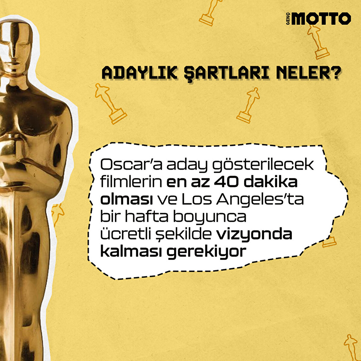Oscar'a aday gösterilecek filmlerin en az 40 dakika olması ve Los Angeles'ta bir hafta boyunca ücretli şekilde vizyonda kalması gerekiyor