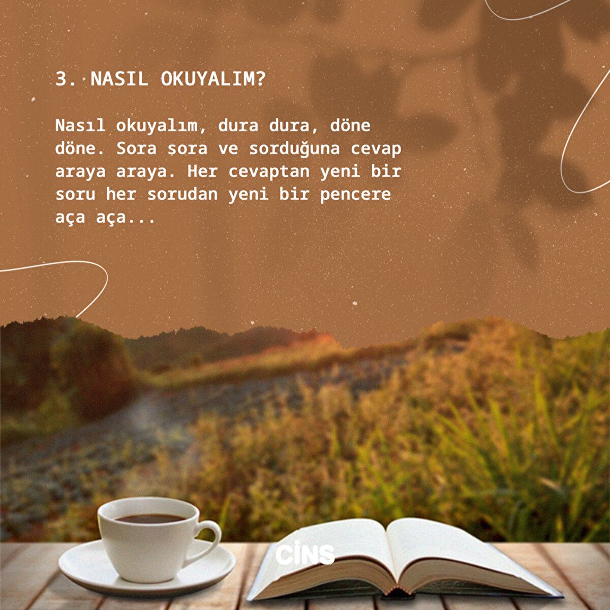 Nasıl okuyalım?<br><br>Nasıl okuyalım, dura dura, döne döne. Sora sora ve sorduğuna cevap araya araya. Her cevaptan yeni bir soru her sorudan yeni bir pencere aça aça...<br>