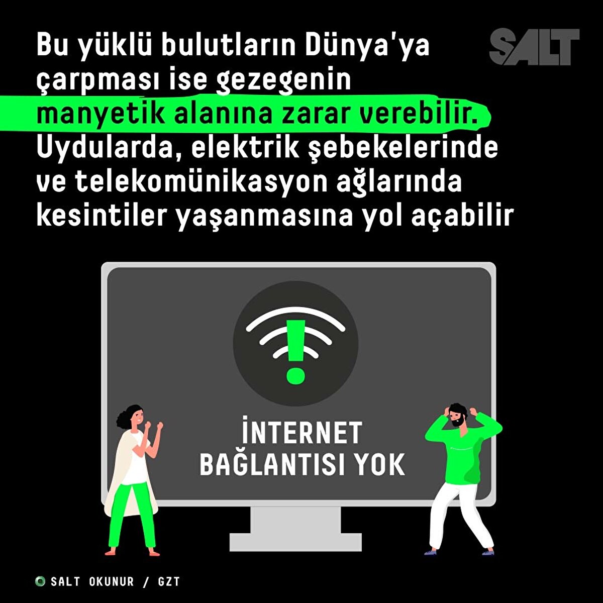 Bu yüklü bulutların Dünya'ya çarpması ise gezegenin manyetik alanına zarar verebilir ve uydularda, elektrik şebekelerinde ve telekomünikasyon ağlarında kesintiler yaşanmasına yol açabilir