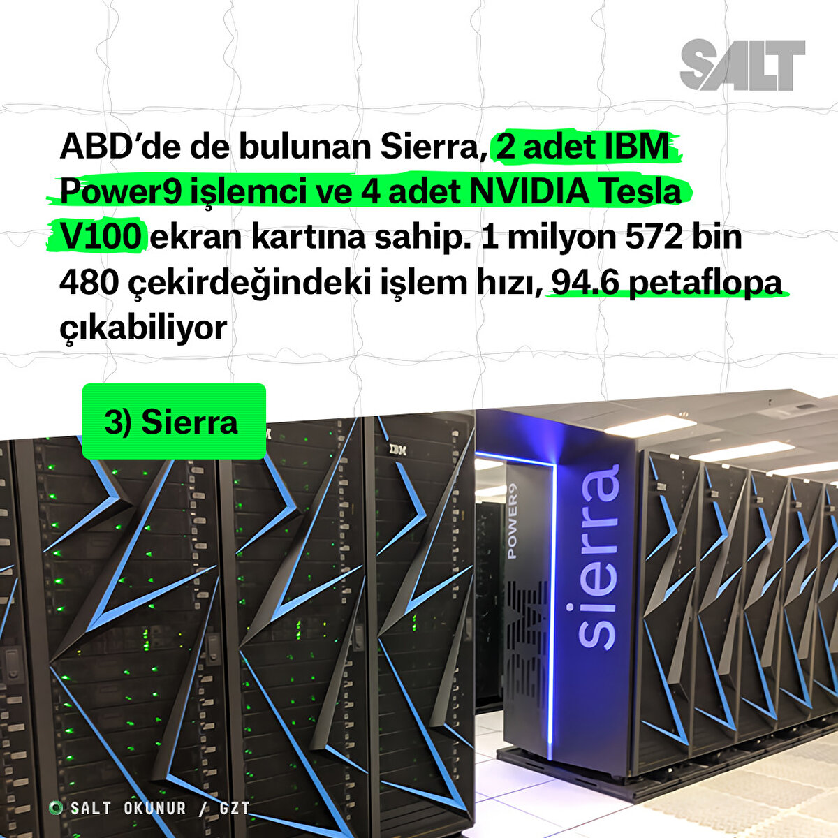 ABD’deki Lawrence Livermore Ulusal Laboratuvarı’nda bulunan Sierra, 2 adet IBM Power9 işlemci ve dört adet NVIDIA Tesla V100 ekran kartına sahip. 1 milyon 572 bin 480 çekirdeğindeki işlem hızı, 94.6 petaflopa çıkabiliyor