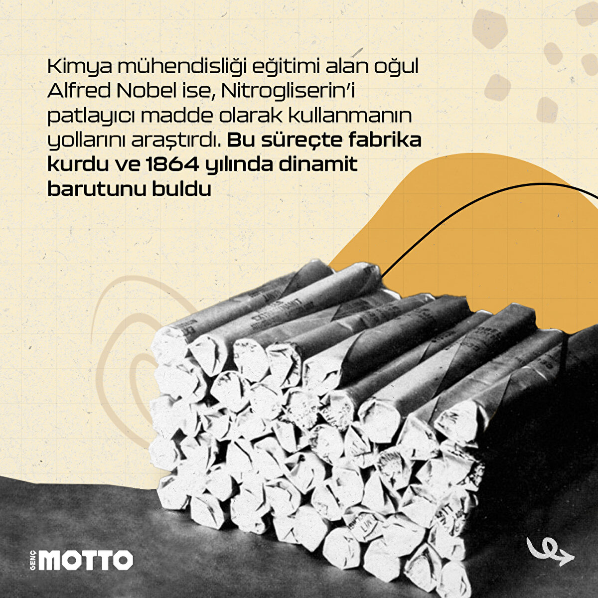 Kimya mühendisliği eğitimi alan oğul Alfred Nobel ise, Nitrogliserin’i patlayıcı madde olarak kullanmanın yollarını araştırdı. Bu süreçte fabrika kurdu ve 1864 yılında dinamit barutunu buldu
