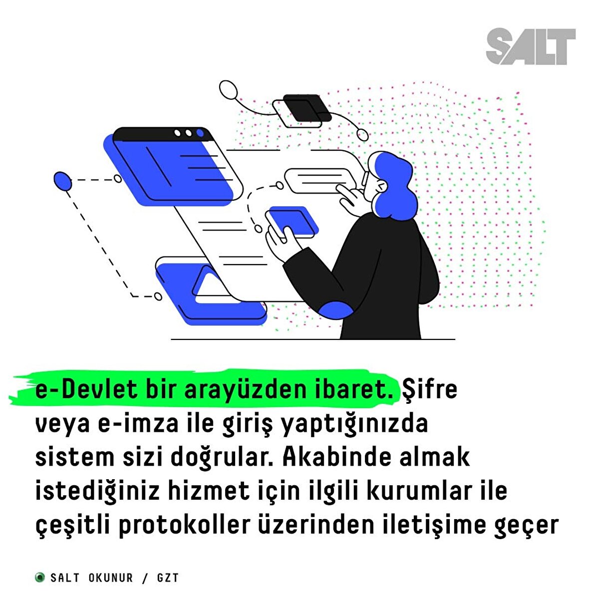 e-Devlet bir arayüzden ibaret. Şifre veya e-imza ile giriş yaptığınızda sistem sizi doğrular. Akabinde almak istediğiniz hizmet için ilgili kurumlar ile çeşitli protokoller üzerinden iletişime geçer