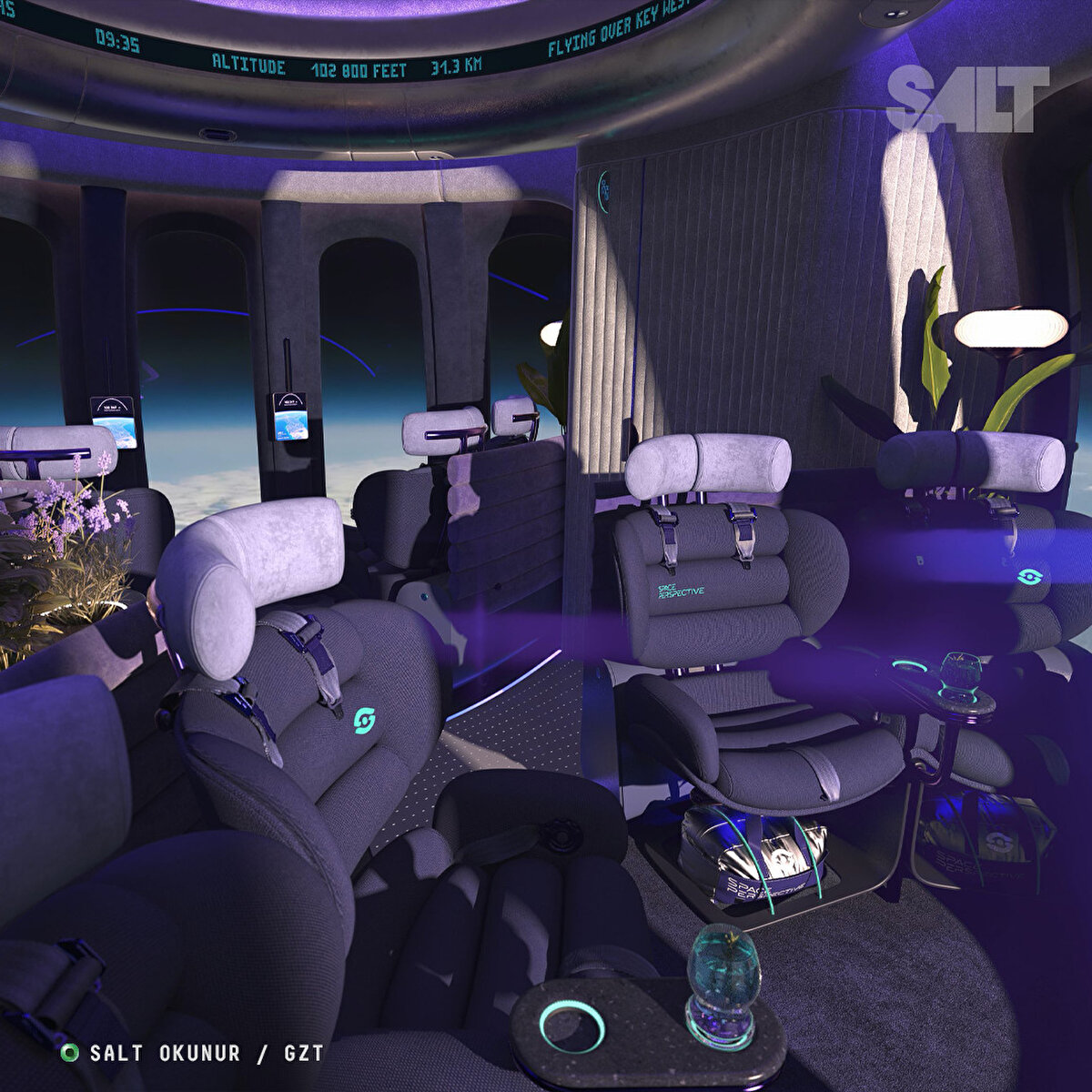 Uzay turizmi şirketi Space Perspective, yolcularını stratosfere kadar götürecek olan kapsülün iç mekan tasarımına ait görseller paylaştı. 