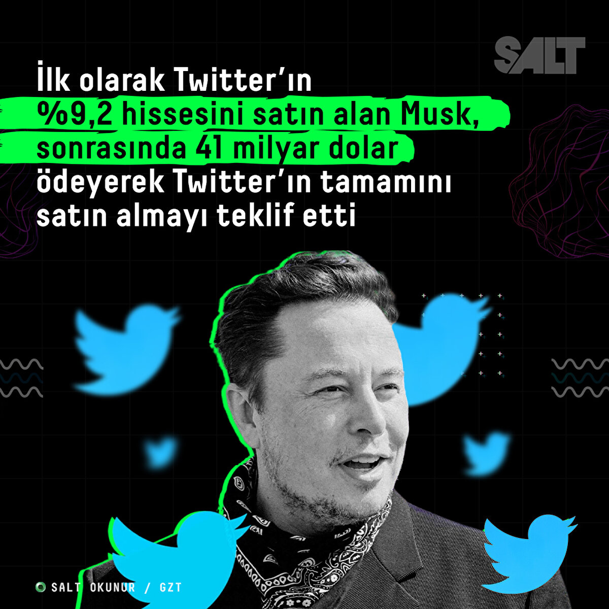 İlk olarak Twitter’ın %9,2 hissesini satın alan Musk, sonrasında 41 milyar dolar ödeyerek Twitter’ın tamamını satın almayı teklif etti