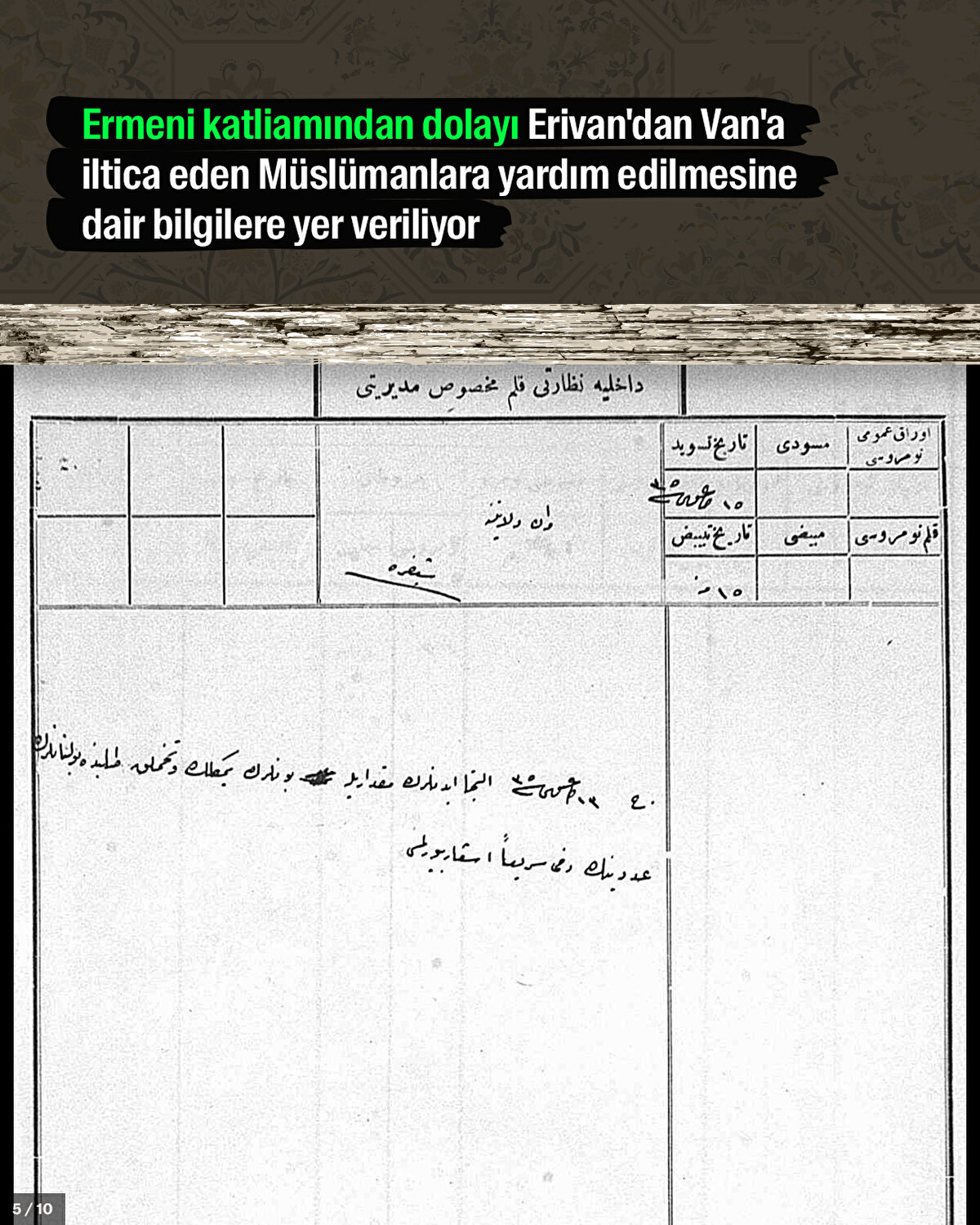 Ermeni katliamından dolayı Erivan'dan Van'a iltica eden Müslümanlara yardım edilmesine dair bilgilere yer veriliyor