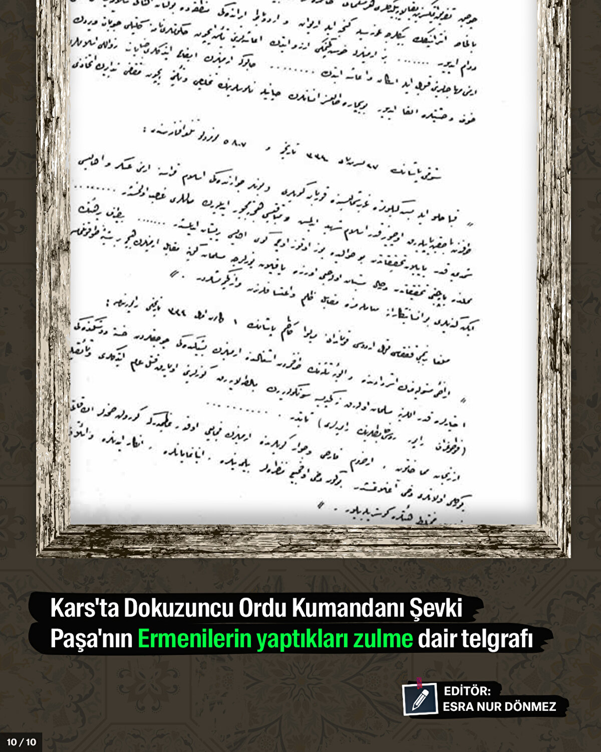 Kars'ta Dokuzuncu Ordu Kumandanı Şevki Paşa'nın Ermenilerin yaptıkları zulme dair telgrafı