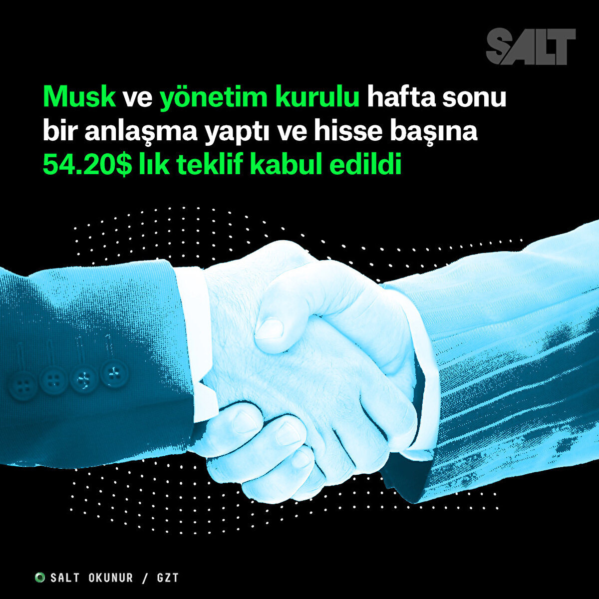 Musk ve yönetim kurulu hafta sonu bir anlaşma yaptı ve hisse başına 54.20$ lık teklif kabul edildi