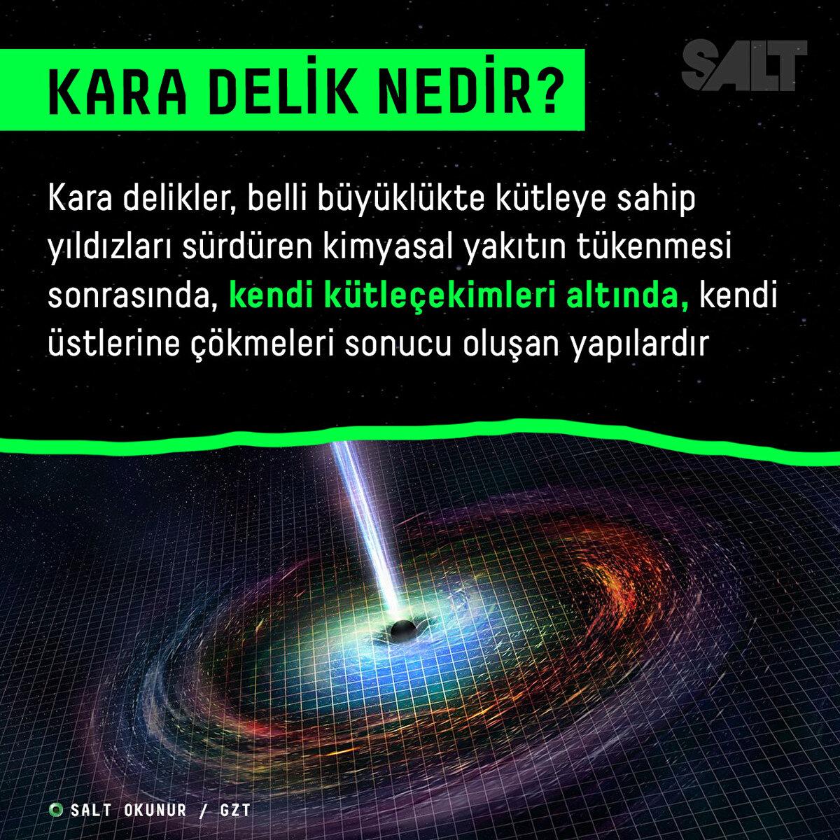 Kara delikler, belli büyüklükte kütleye sahip yıldızları sürdüren kimyasal yakıtın tükenmesi sonrasında, kendi kütleçekimleri altında, kendi üstlerine çökmeleri sonucu oluşan yapılardır