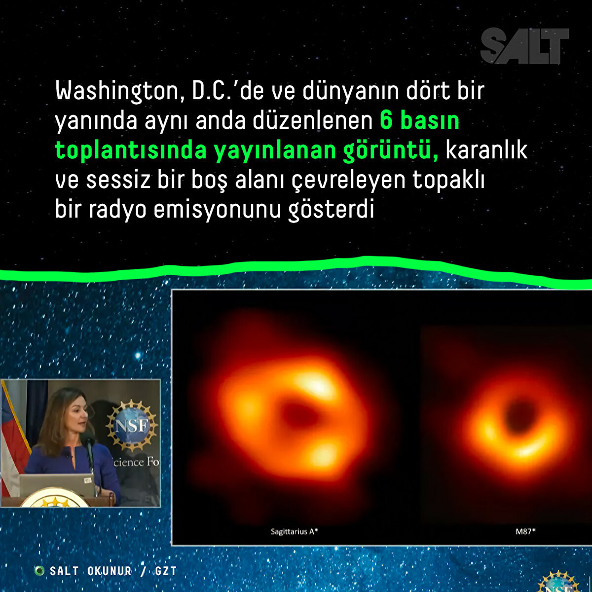 Washington, D.C.’de ve dünyanın dört bir yanında aynı anda düzenlenen 6 basın toplantısında yayınlanan görüntü, karanlık ve sessiz bir boş alanı çevreleyen topaklı bir radyo emisyonunu gösterdi