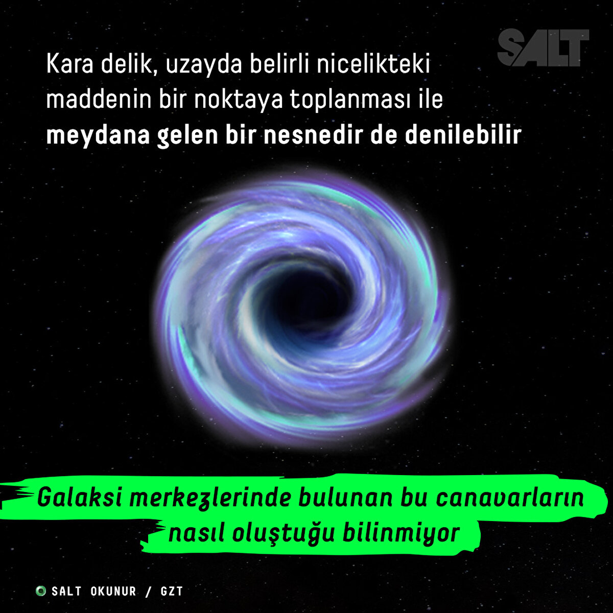 Kara delik, uzayda belirli nicelikteki maddenin bir noktaya toplanması ile meydana gelen bir nesnedir de denilebilir