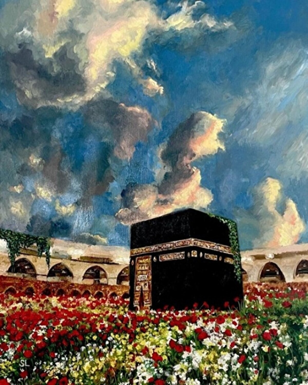 Çiçek bahçeleri içinde Kâbe