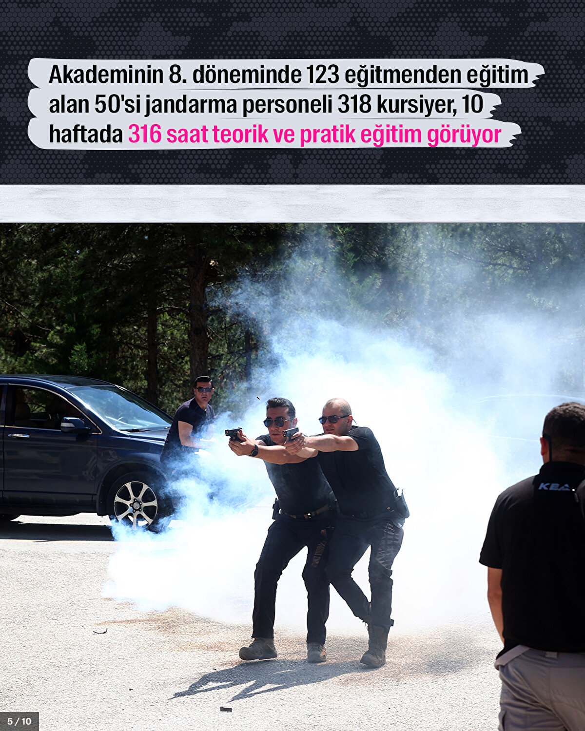 Akademinin 8. döneminde 123 eğitmenden eğitim alan 50'si jandarma personeli 318 kursiyer, 10 haftada 316 saat teorik ve pratik eğitim görüyor